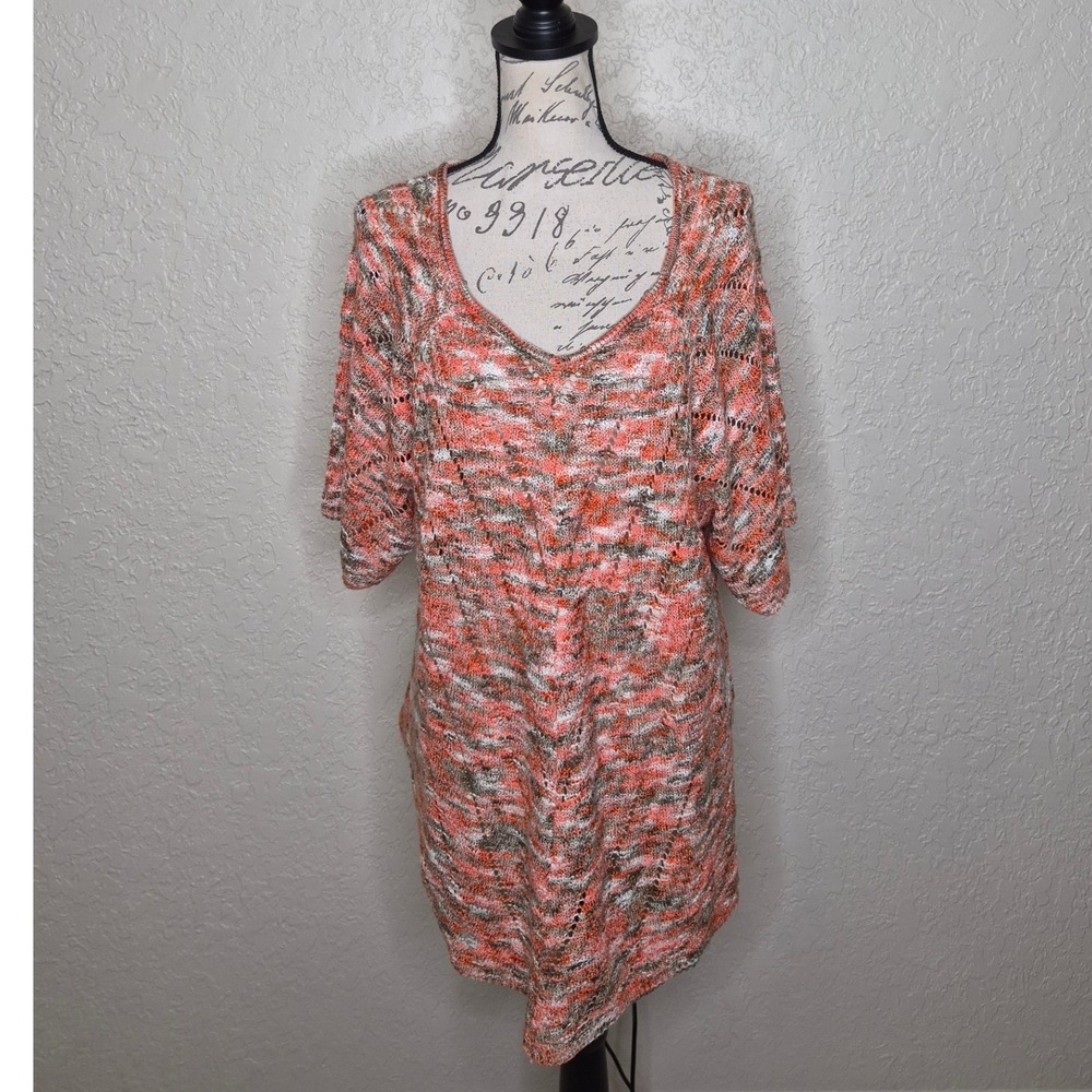 Dressbarn Women 3X Space Dye Open Knit Tunic Sweater Coral Orange V-Neck